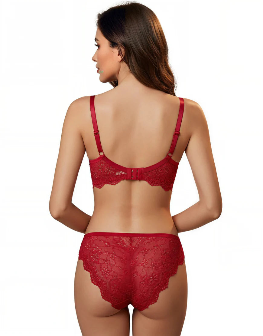 LIGHTLY PADDED WIRED BRA SET WITH TOUCH OF LACE-RED